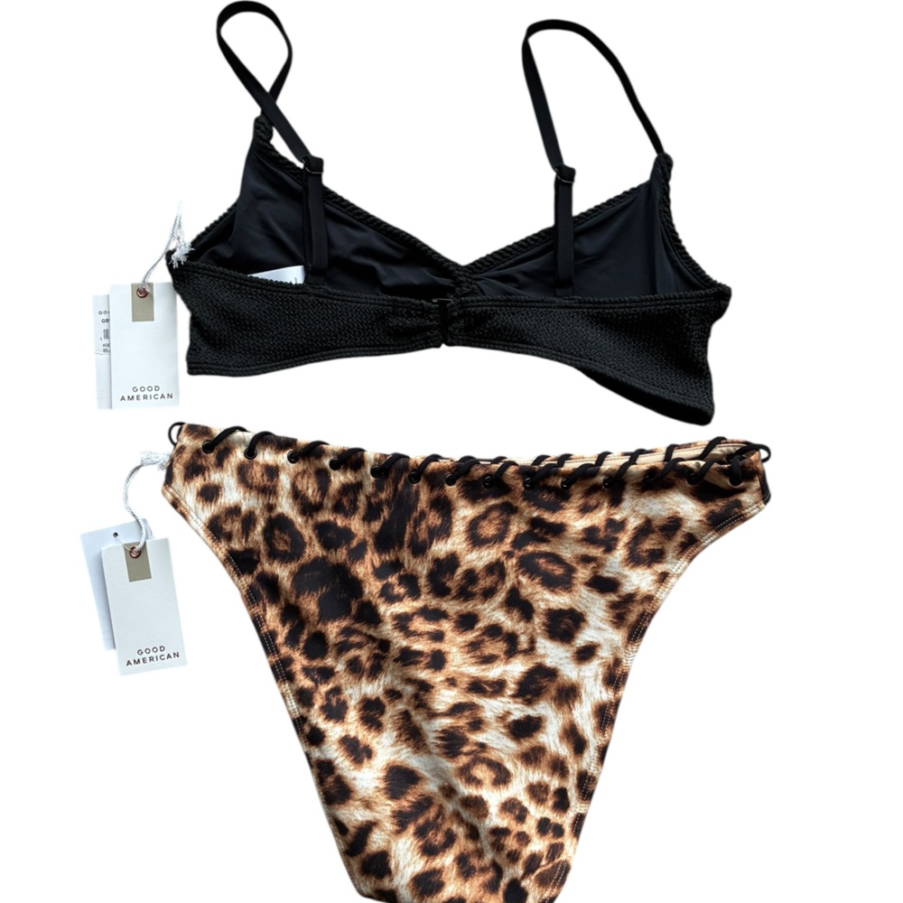 Good American Leopard Bikini Set M Twist Front Top Whipstitch Bottoms NWT - Picture 3 of 6